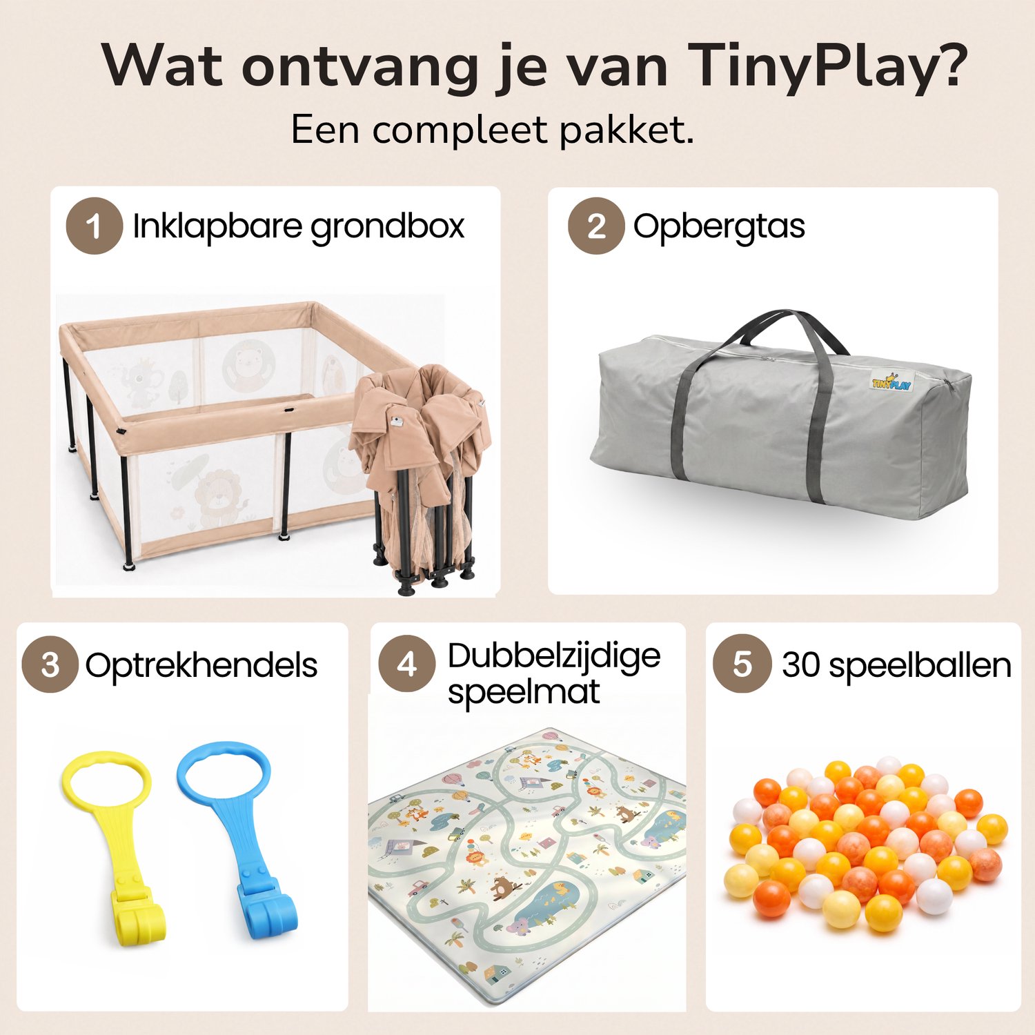 TinyPlay Grondbox baby - zeer snel inklapbaar - 120x120x65 cm - met Speelmat & Speelballen - Opvouwbare box - Kinderbox - Speelbox - Playpen - Ballenbak - Kruipbox - Beige – foto 3