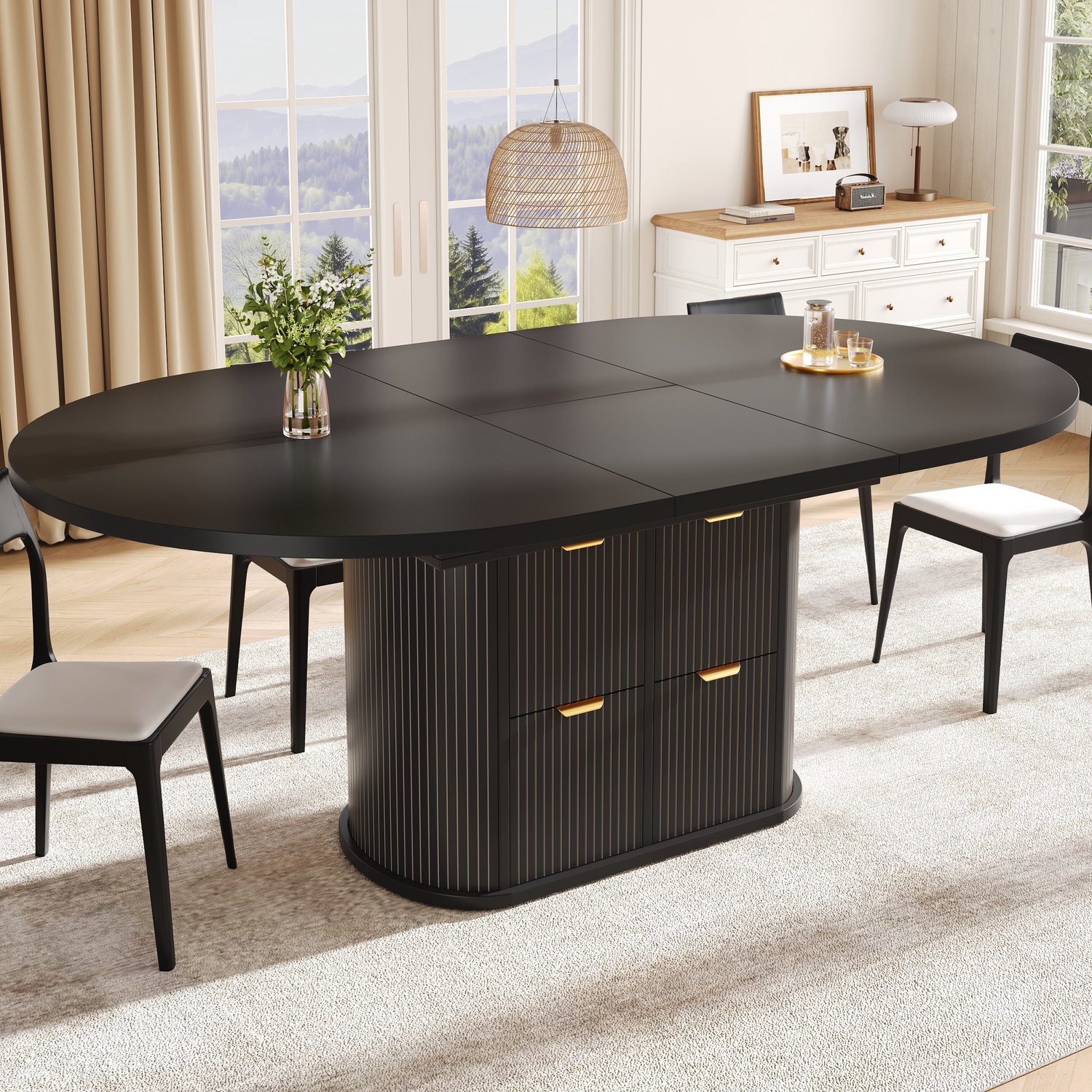 Sweiko Sweio Ovale Uitschuifbare Eettafel - Opklapbaar opbergvak - 2 lades - Geschikt voor 4-6 personen - Zwart