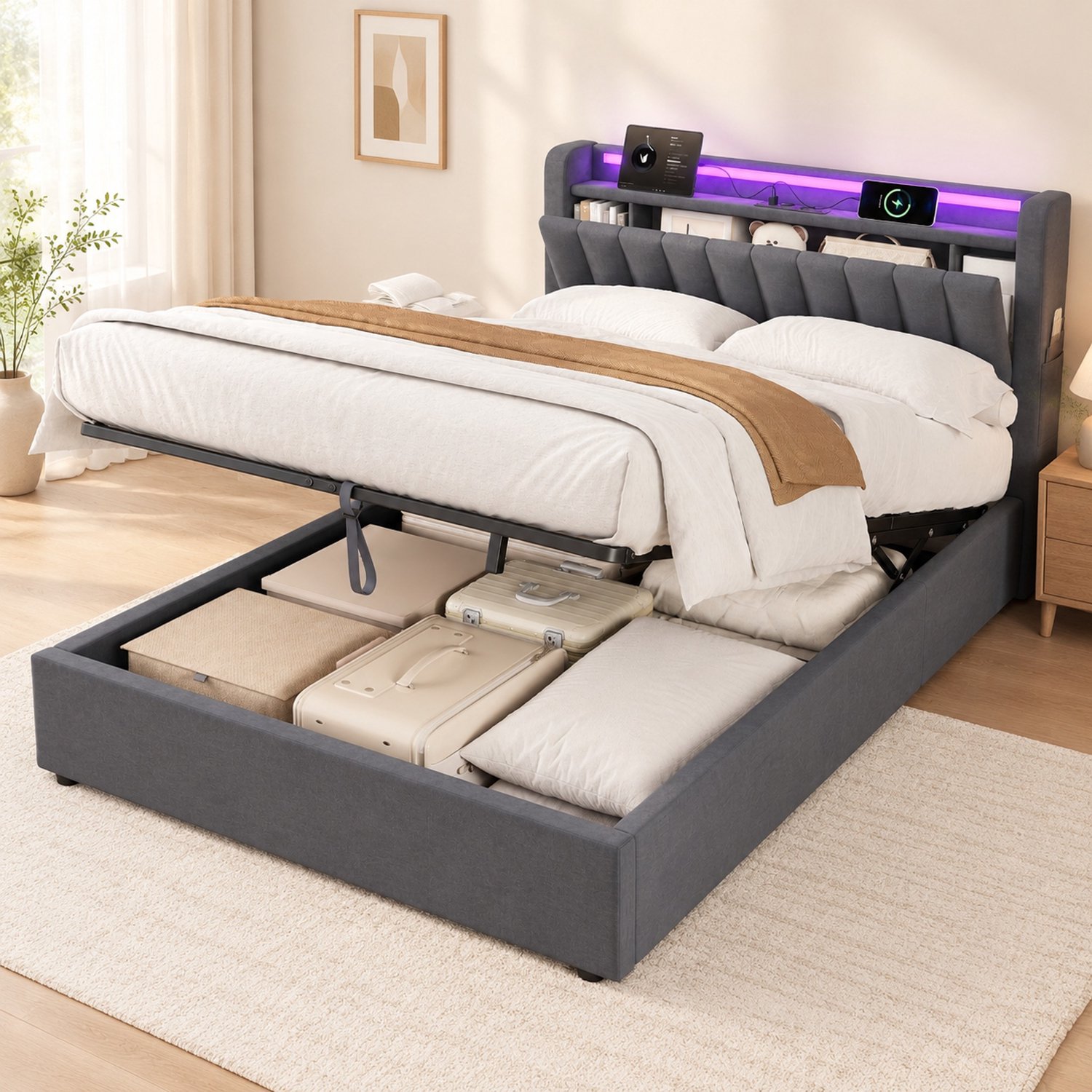 OKWISH Bedframe Opbergruimte – 140 x 190 cm – met USB-Aansluiting en Ledverlichting – Fluweel, Metaal en Hout – Donkergrijs