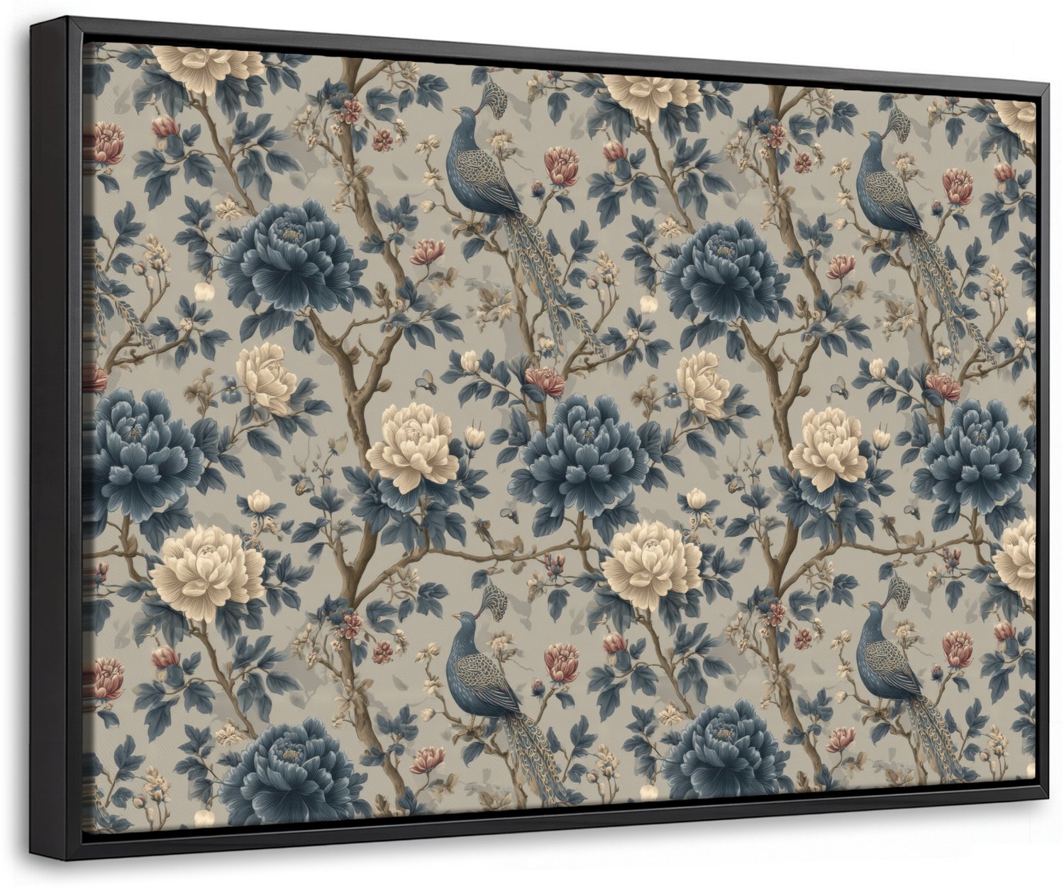 Canvas Schilderij met Baklijst 60x40cm - Pauw - Bloemen - Blauw - Muurdecoratie woonkamer - Slaapkamer decoratie - Kamer accessoires - Schilderijen op canvas met lijst