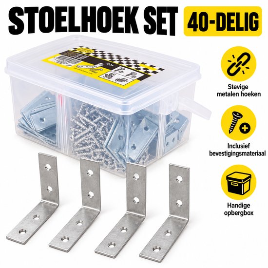 40-delige stoelhoekset met stalen hoeken en schroeven in een doorzichtige opbergbox.