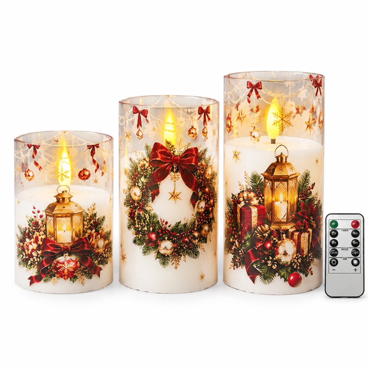 SWGOTA led kaarsen, set van 3 witte cilindervormige kaarsen met kerstdecoratie, warm licht en afstandsbediening, op batterijen, zonder batterijen geleverd