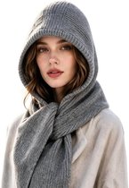 Gebreide sjaal met capuchon voor dames - Warme wintermuts - Gebreide muts met versiering - sjaals en omslagdoeken -gebreide wintermuts -met capuchon en sjaal - Warme winterbalaklava - Met sjaal - Gebreide wollen wintermuts -grijs