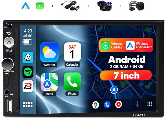 7-inch Android autoradio met touchscreen, draadloze CarPlay en Android Auto, inclusief microfoon en achteruitrijcamera.