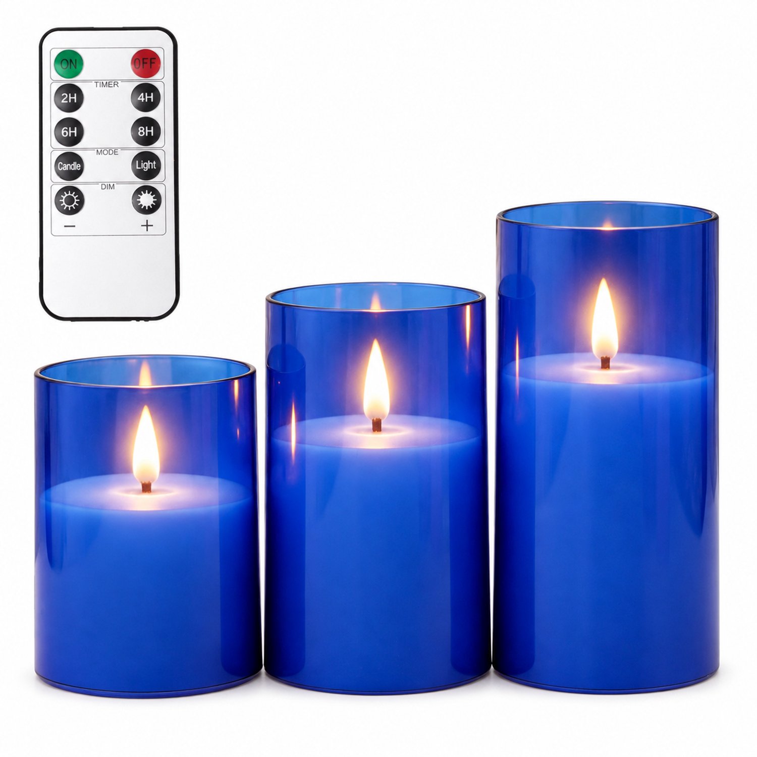 SWGOTA led kaarsen blauw, 3 stuks per doos, met druppelvormige vlam en afstandsbediening, cilindervormig voor bruiloften en verjaardagen