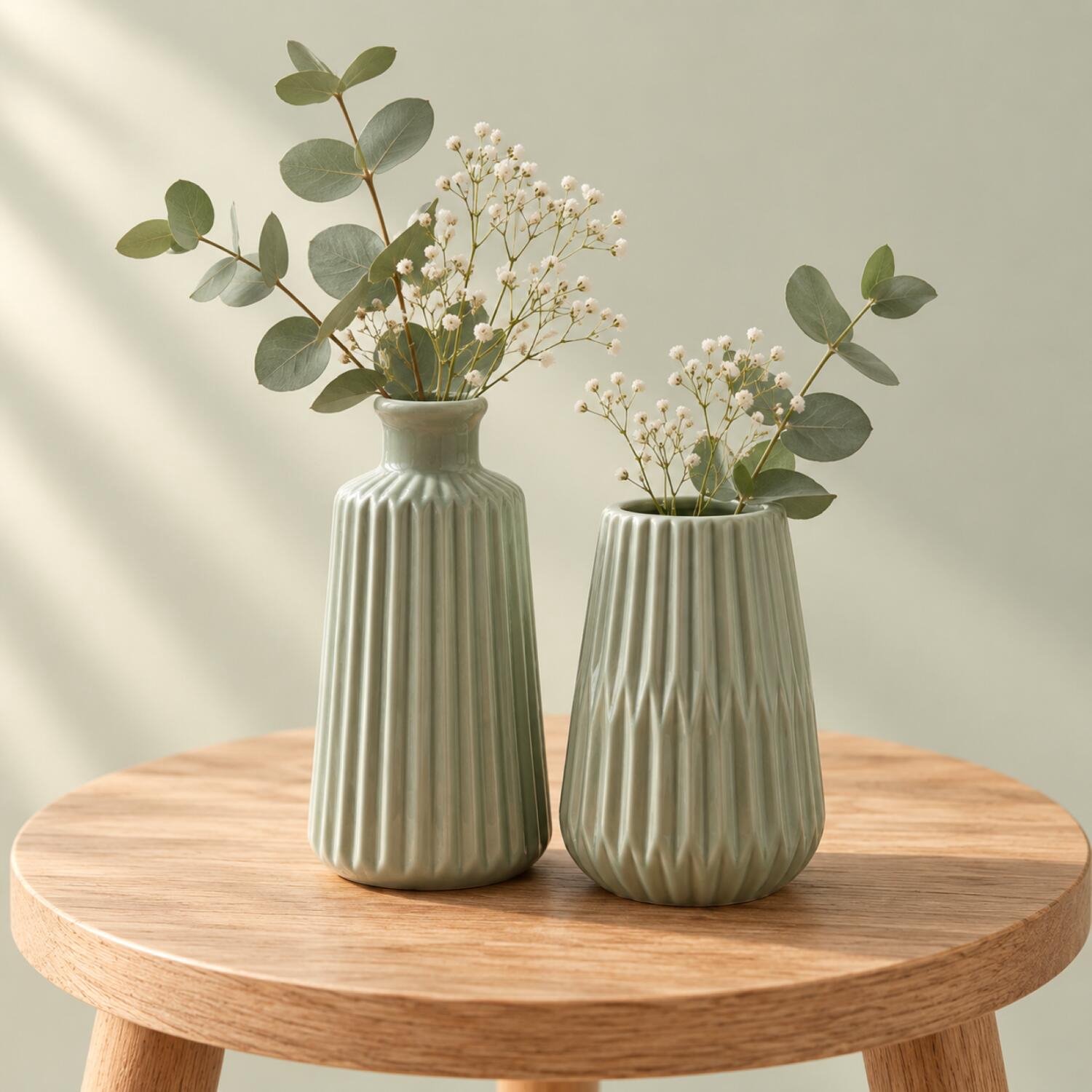 Deco by Boltze set 2x mini vaasjes - mintgroen - porselein - 17 cm - bloemenvaas - mix vormen - voor bloemetjes