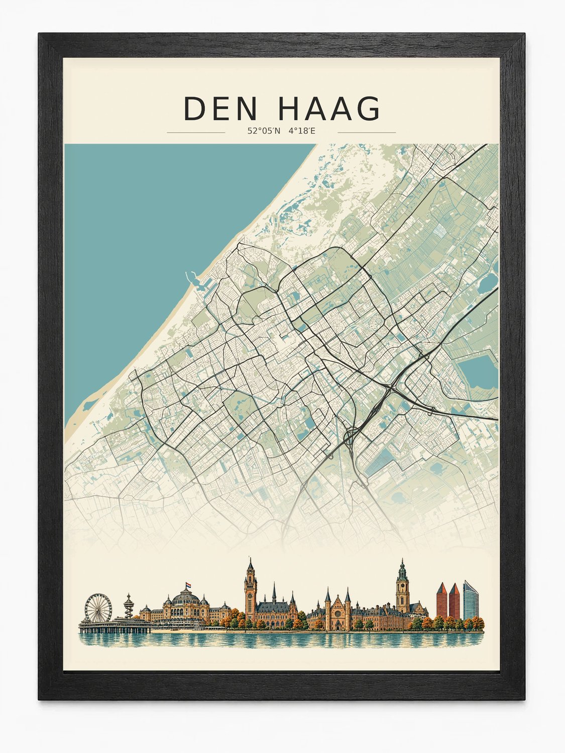 Joshimo Den Haag Stadskaart Poster | Vintage Kaart met Skyline | Inclusief Zwarte A4 Lijst