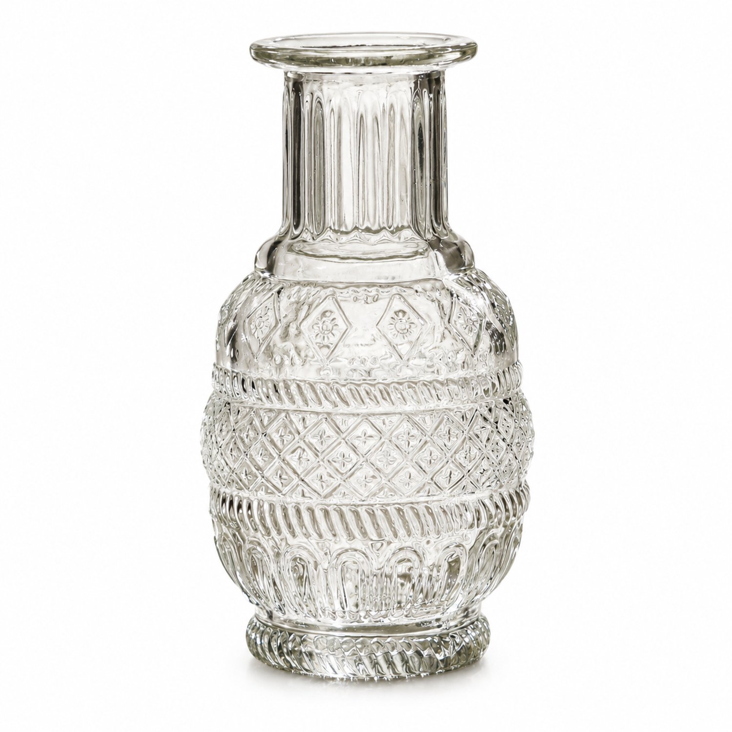 SWGOTA Transparante glazen vaas met reliëf, 12,8 cm hoog en 7,2 cm diameter, geribbelde hals en uitlopende rand, voor kunstbloemen, in kartonnen doos