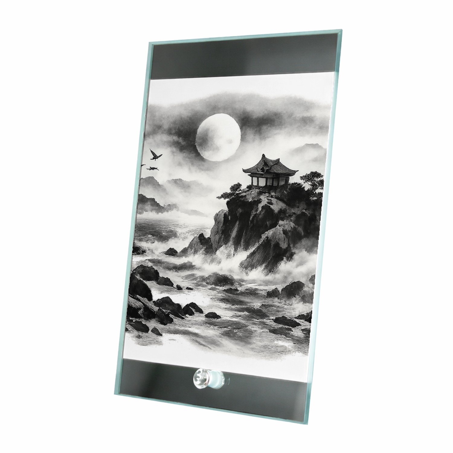 Mr Cadeautjes Glasframe 15 x 23 - design Nachtelijk kustpanorama met rotsen, maan, golven en een klei | cadeau Wit