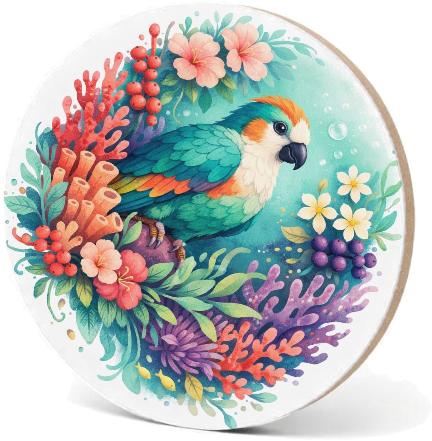 Mr Cadeautjes MDF fotolijst - design Een tropische vogel in een weelderige bloemenzee met bladere | cadeau Wit