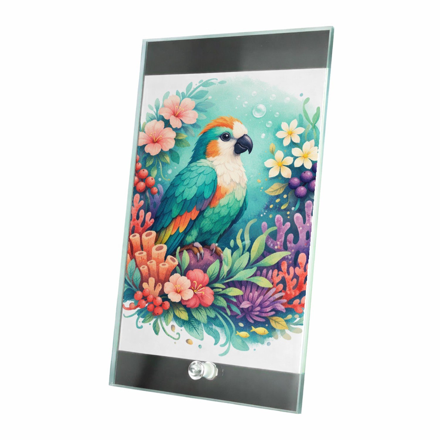 Mr Cadeautjes Glasframe 15 x 23 - design Een tropische vogel in een weelderige bloemenzee met bladere | cadeau Wit