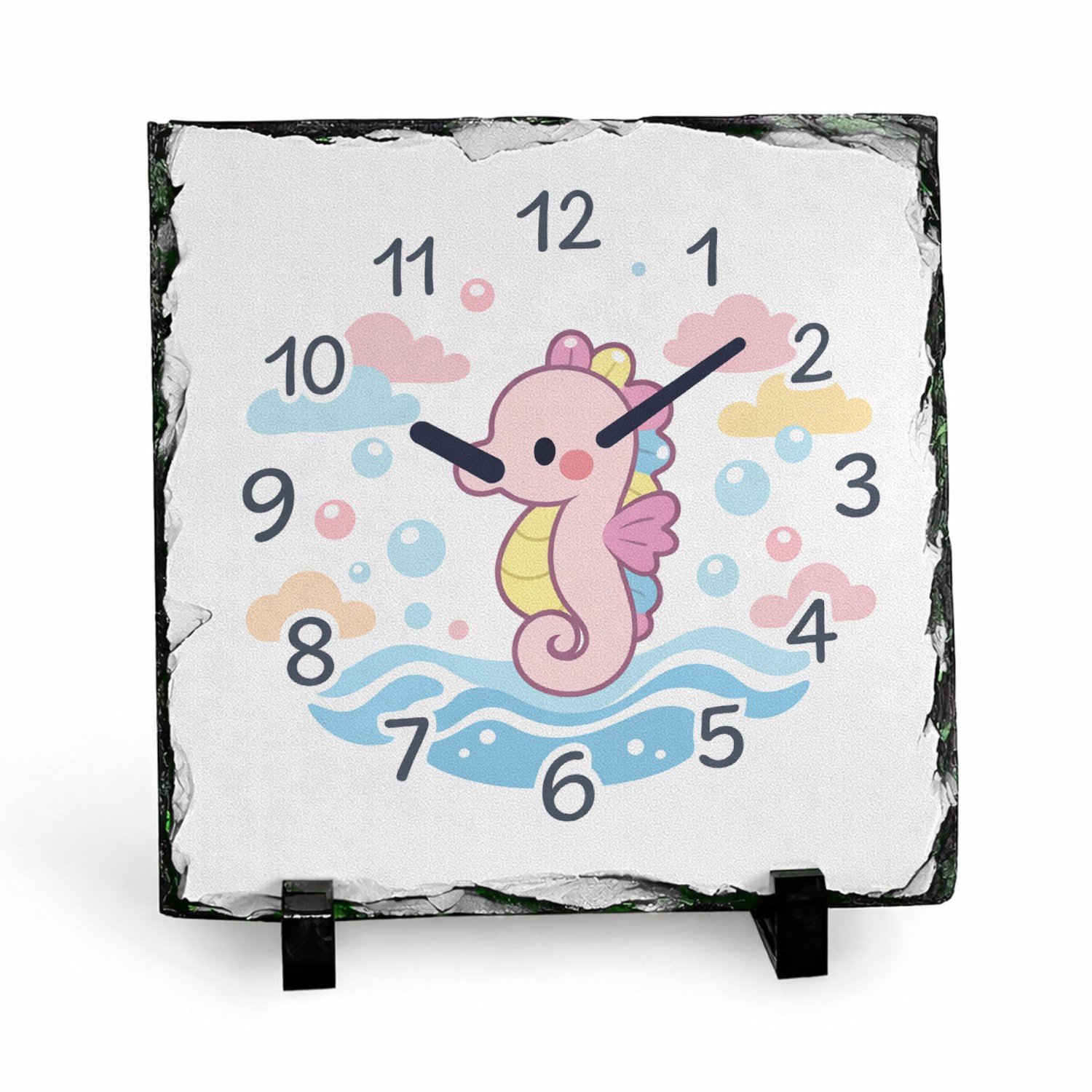 Mr Cadeautjes Leisteen vierkant 15 x 15 - design Onderwaterklok met een schattige zeepaardje-illustratie | cadeau Wit