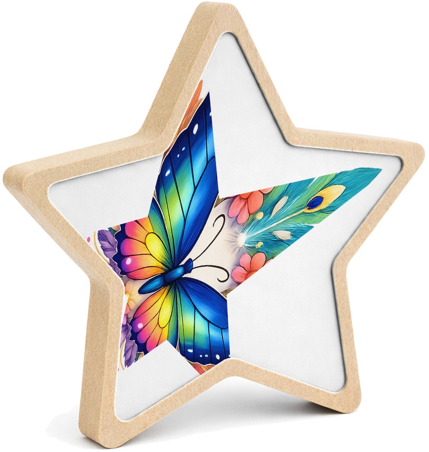 Mr Cadeautjes MDF fotolijst ster 14 x 13,5 - design Een trotse vlinder in een cirkel van grote, decoratieve vleu | cadeau Wit