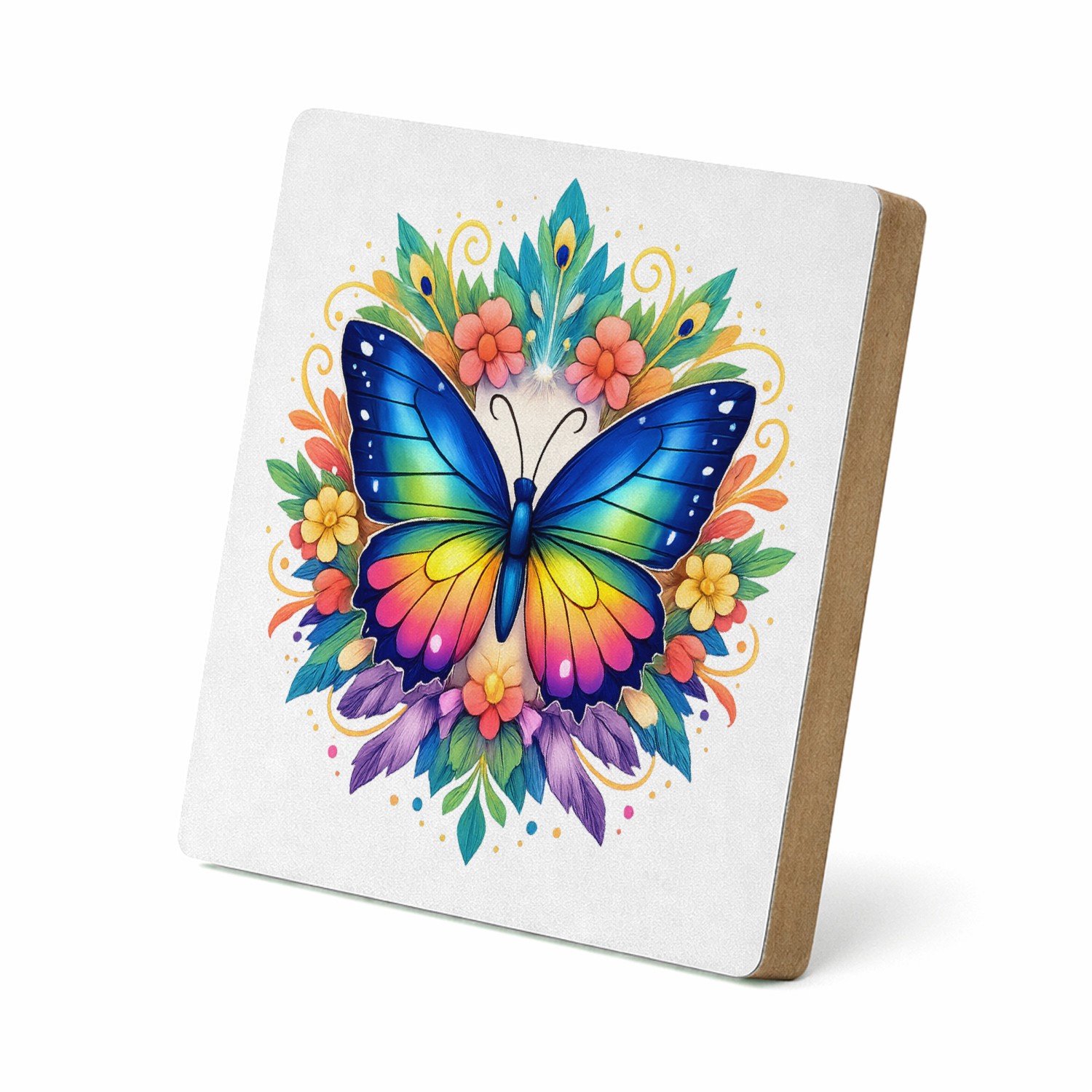 Mr Cadeautjes MDF staande fotolijst 15,2 x 15,2 - design Een trotse vlinder in een cirkel van grote, decoratieve vleu | cadeau Wit