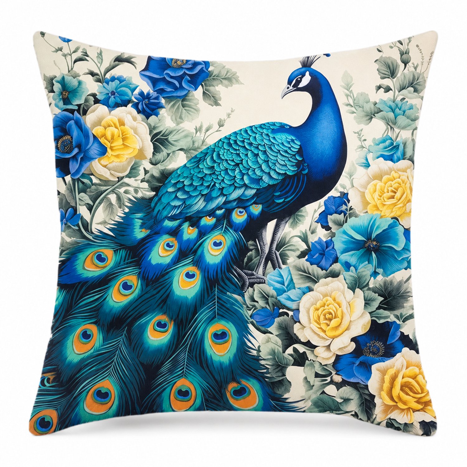 SWGOTA Kussenhoes met pauw en bloemen, 45 x 45 cm, kortpolig pluche, vierkant voor bankdecoratie Crème