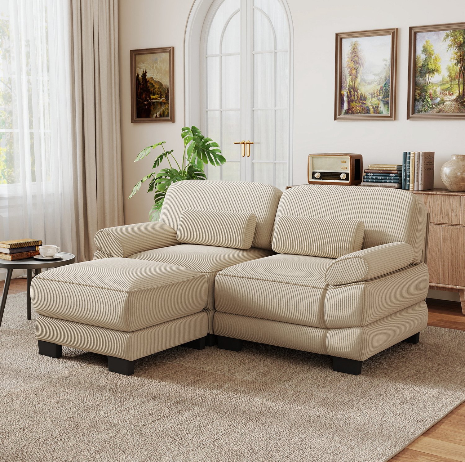 STILVORA Hoekbank 194 x 161 x 94 cm - 2-Zits Modulaire Bank Met Hocker - L- of U-Vorm - Voor Woonkamer - Ribfluweel - Beige