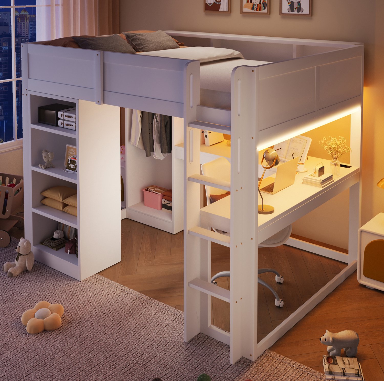 MIVRAY Hoogslaper 140x200 cm - Met Bureau en Ledverlichting - Kledingkast en Opbergruimte voor de Slaapkamer - Hout en MDF - Wit - Zonder Matras