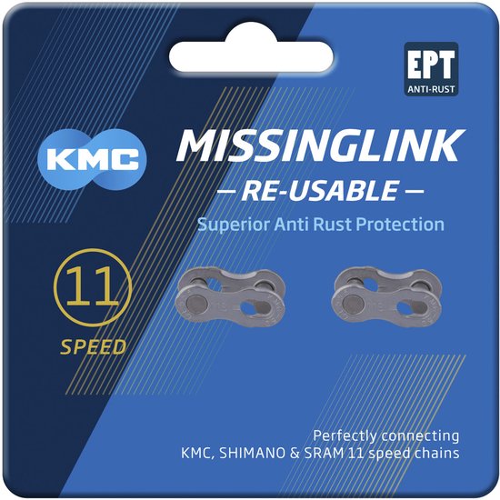 KMC 11-speed MissingLink verpakking met twee zilverkleurige kettingschakels en EPT anti-roest bescherming.