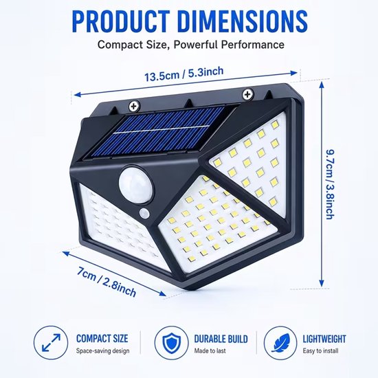 Zwarte solar buitenlamp met bewegingssensor, zonnepaneel en LED-lampjes, inclusief afmetingen 13,5x9,7x7 cm.