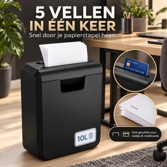 Papierversnipperaar – 10L – 5 A4 vellen – Creditcard Vernietiger – Zwart