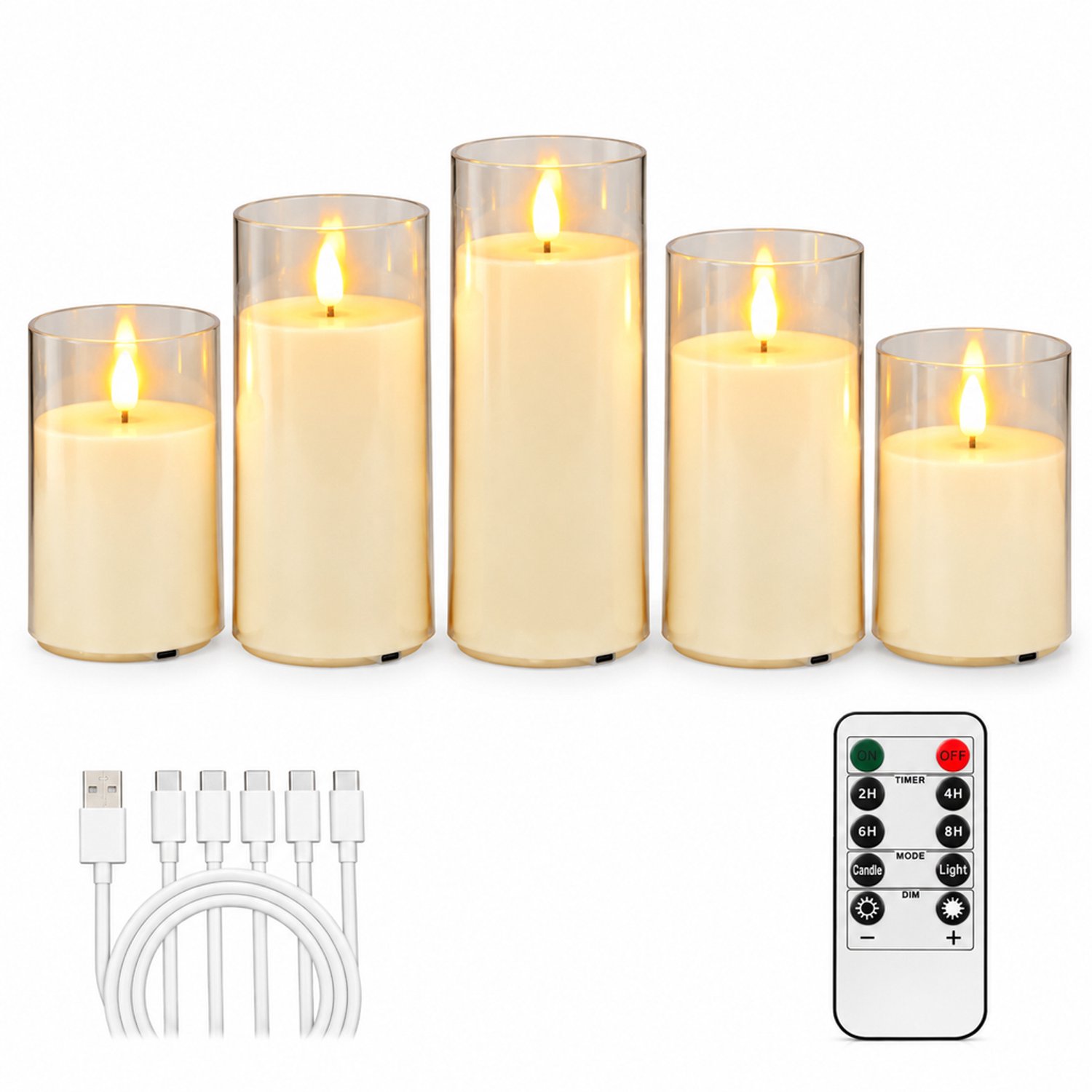 SWGOTA elektronische kaarsen, set van 5, oplaadbaar met afstandsbediening en transparante omhulling, diameter 7.5 cm, hoogtes 10/12.5/15/17.5/20 cm Crème