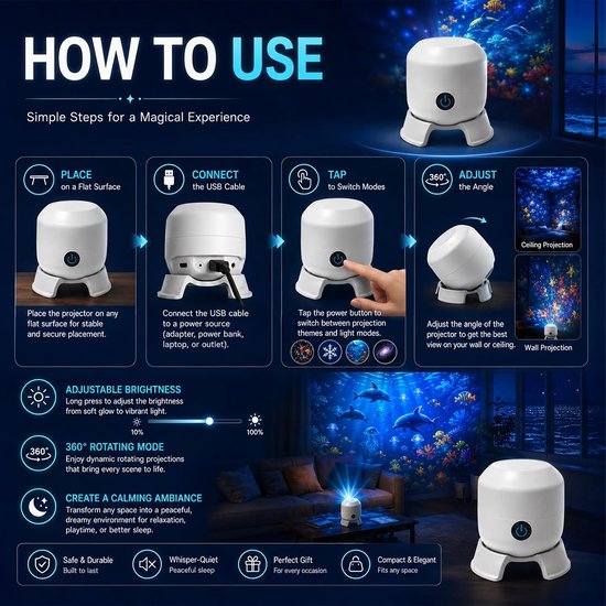1 Projector - Dynamische Roterende LED Projector – 3D Sneeuwvlokstijl – HD Holografische Nachtlamp – 360° Roterend – USB – Voor Slaapkamer en Meditatie - Feestelijke decoratieve verlichting van SNQ — afbeelding 5