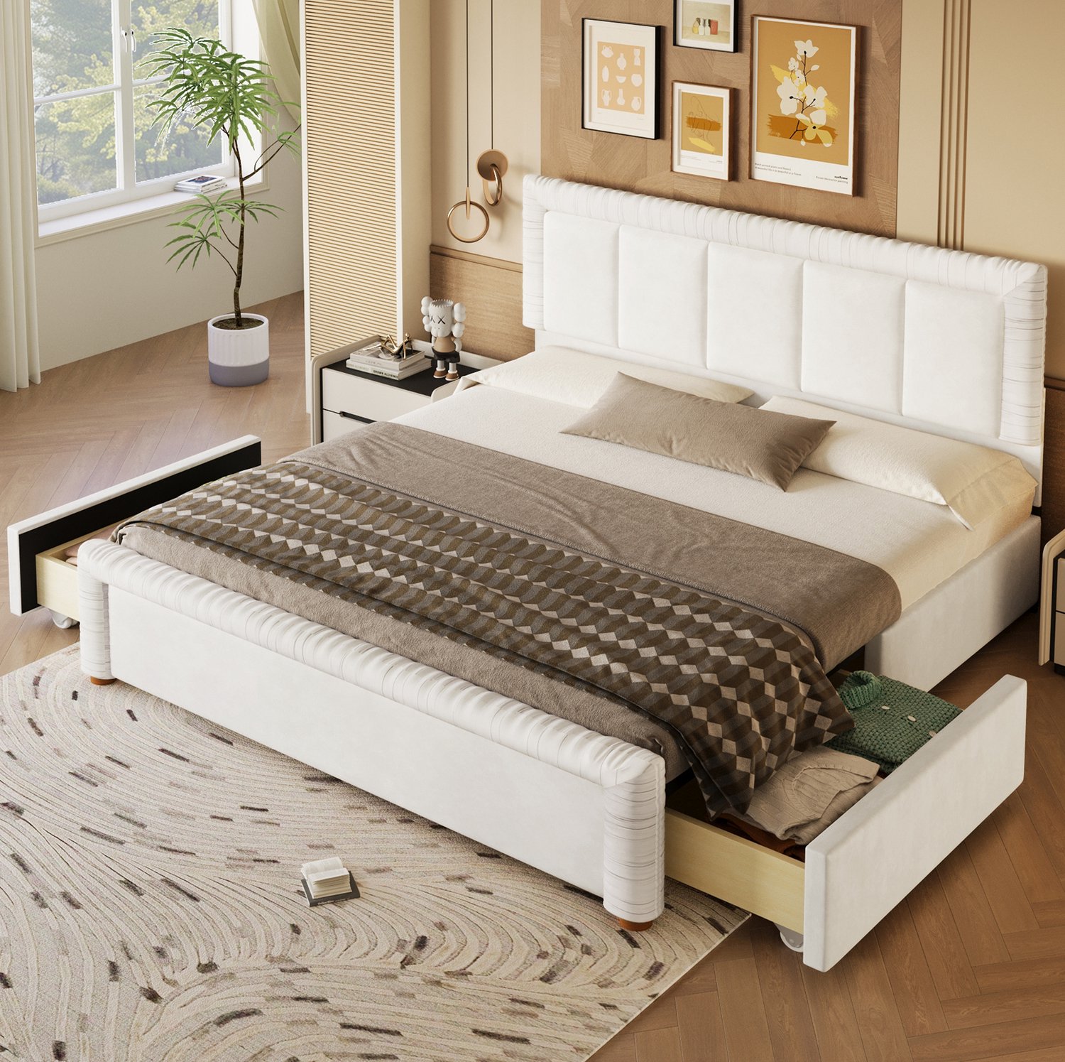 STILVORA Gestoffeerd Bed 180x200 cm – Fluwelen Tweepersoonsbed – Twee Opberglades – Gewatteerd Hoofdeinde en Voeteneinde – Zonder matras – Beige