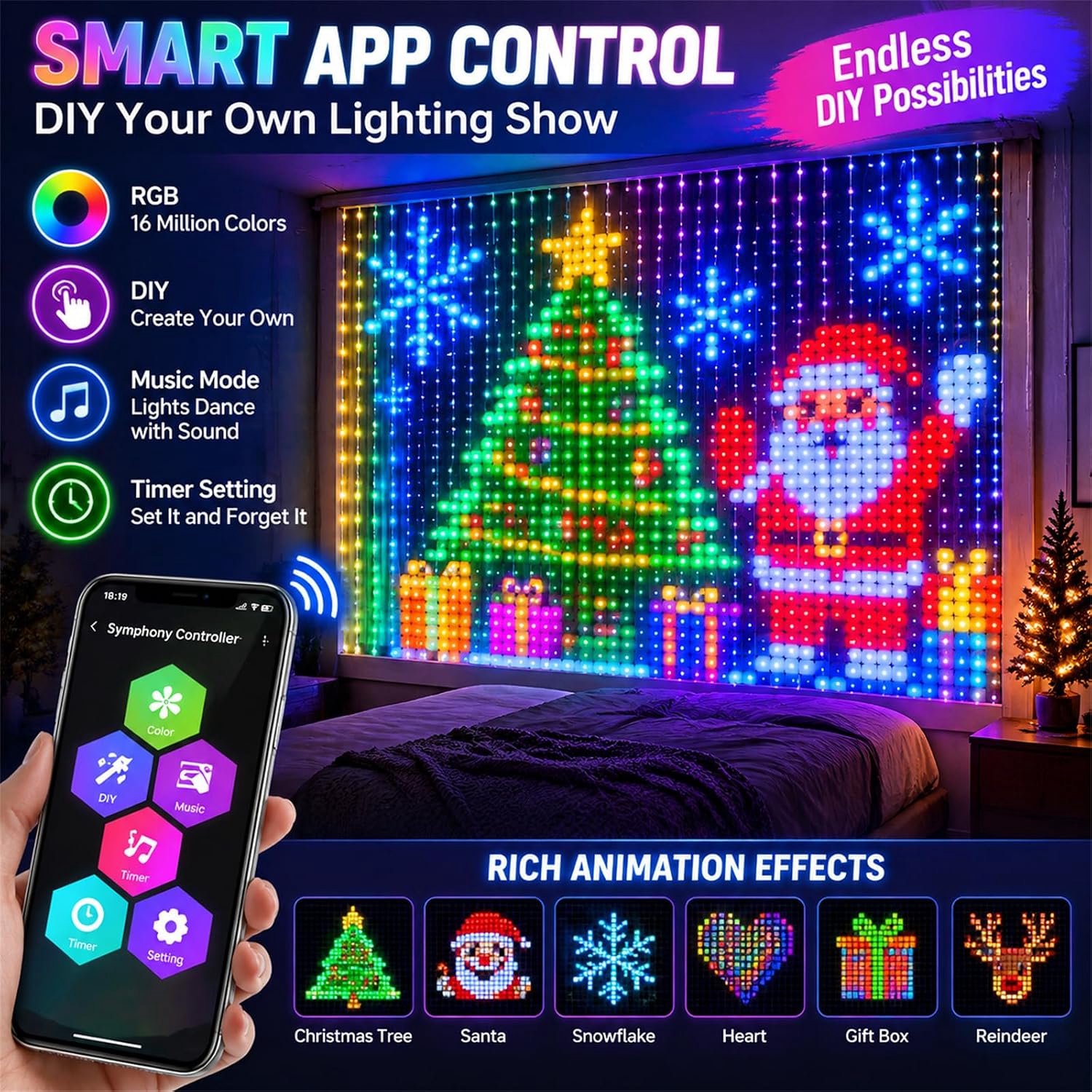 Kerst Slimme LED Lichtgordijn - App-Bediening en Afstandsbediening - Dimbaar, Muziekgestuurd & DIY Patronen - 400 RGB LED -1M×1M - Kerstversiering - Raamverlichting - Voor Kerst, Gordijnen, Buitenmuren – foto 2
