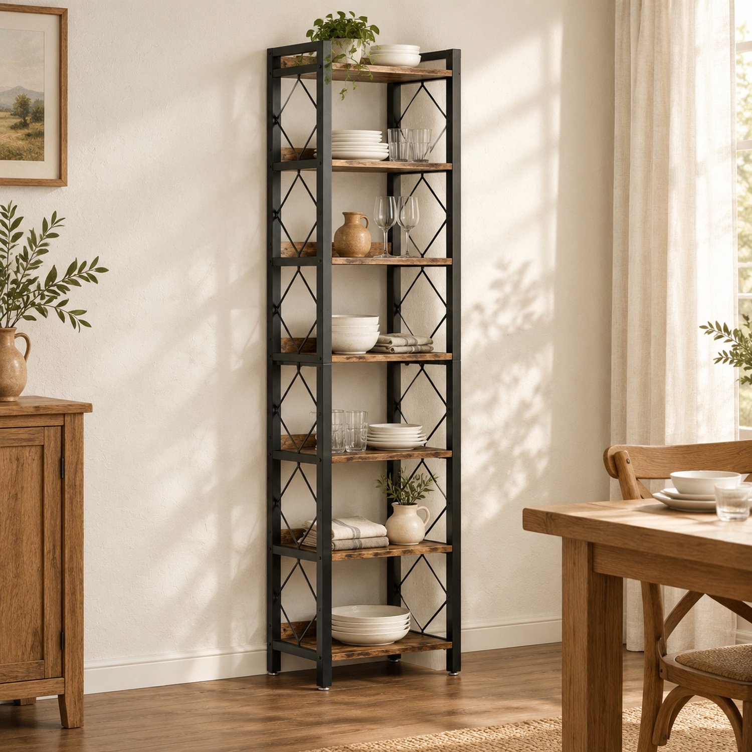 MIVRAY Boekenkast – Smal En Vrijstaand – Open Displayrek Voor Kleine Ruimtes – Metaal En Hout – Zwart En Rustiek Bruin