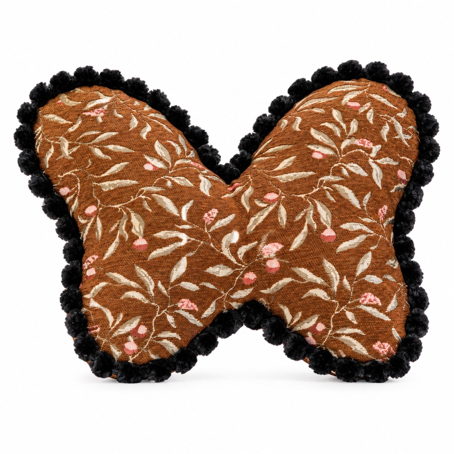 SWGOTA Vlindervormig sierkussen 40 x 60 cm - Bruin met bloemen en bladeren - Zwarte sierrand - Voor bank en stoel