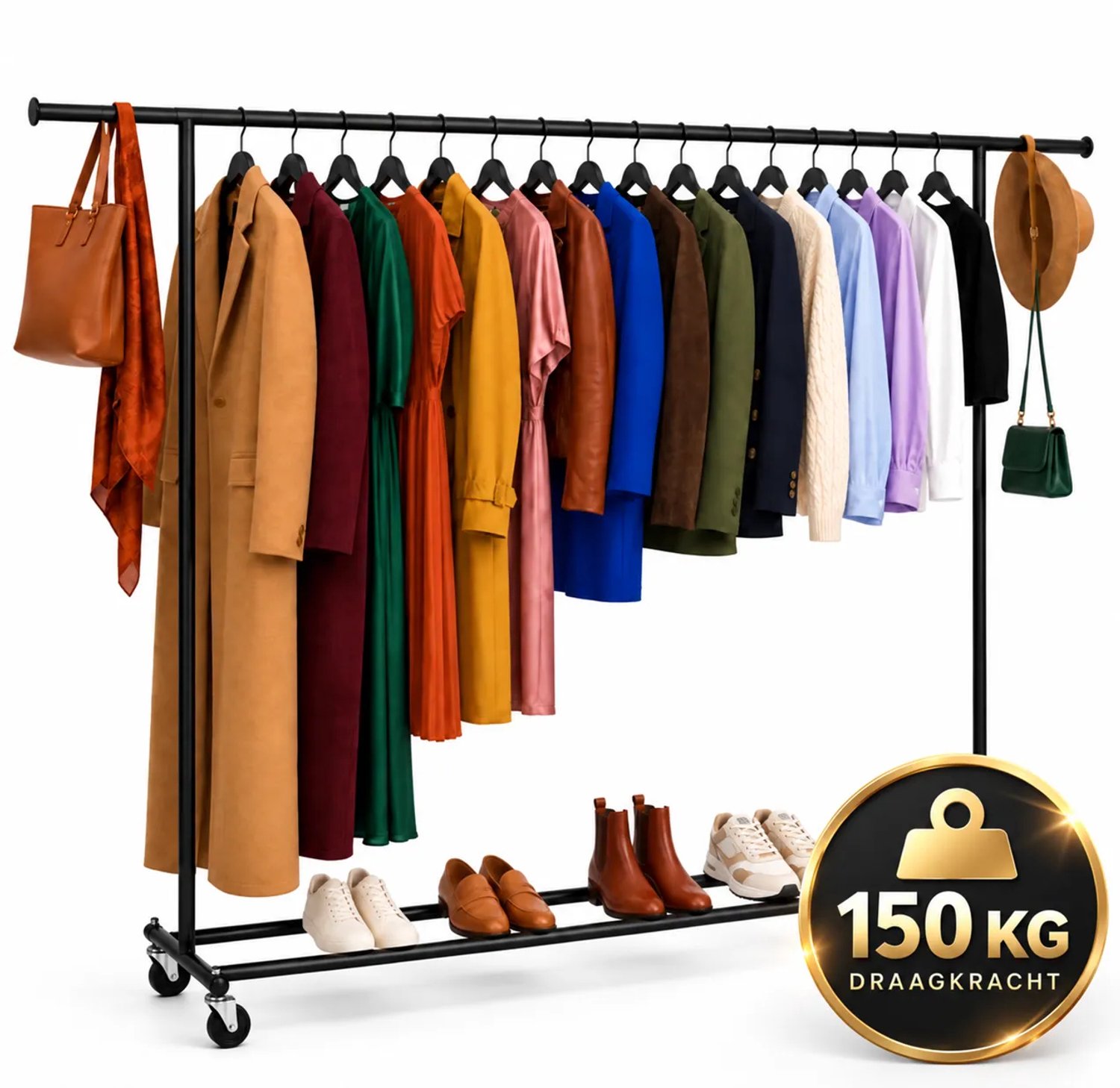 Lumeva XXL Stevig Kledingrek op Wielen – Verrijdbaar Garderoberek Uitschuifbaar 160-200 cm – 150 kg Draagvermogen – Zwart Metaal