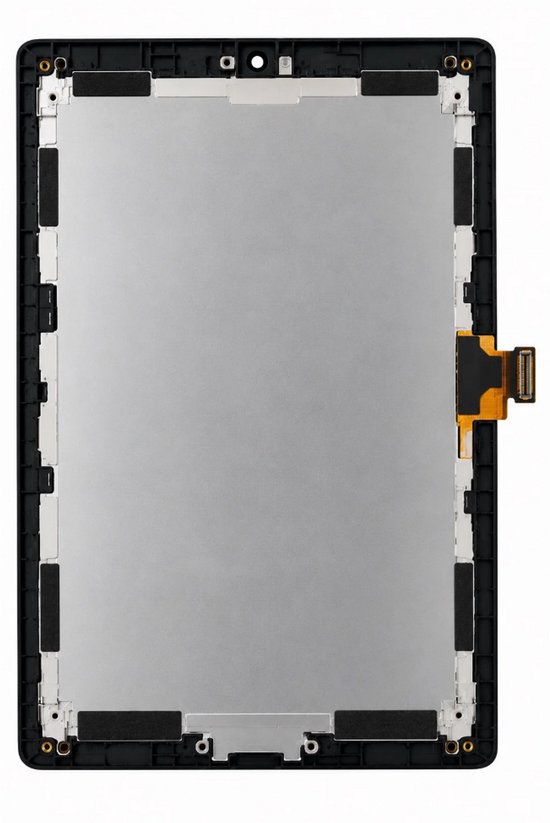 Achterkant van een tablet-schermmodule met metalen behuizing, zwarte rand en geïntegreerde aansluitkabel.