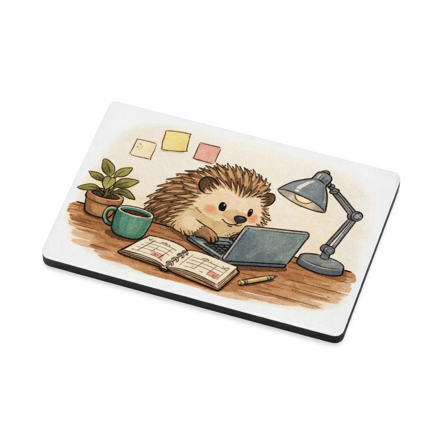Mr Cadeautjes MDF magnetische fotolijst 7,5 x 5 - design Een egel in een kleine thuiswerkhoek met post-its, planner e | cadeau Wit