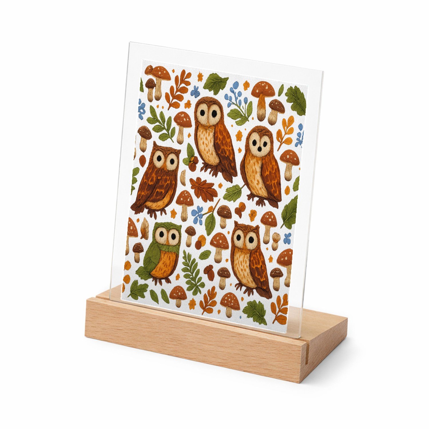Mr Cadeautjes Glasframe met vaste tekst - design Een avondlijk bospatroon met uilen, paddenstoelen en bladere | cadeau Wit