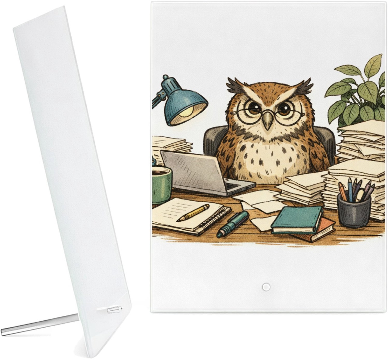 Mr Cadeautjes Glazen fotopaneel Een bosuil die op een chaotisch bureau een stapel dossiers o - 15 x 20 cm, staand - glas, decoratie, wanddecoratie | cadeau Wit