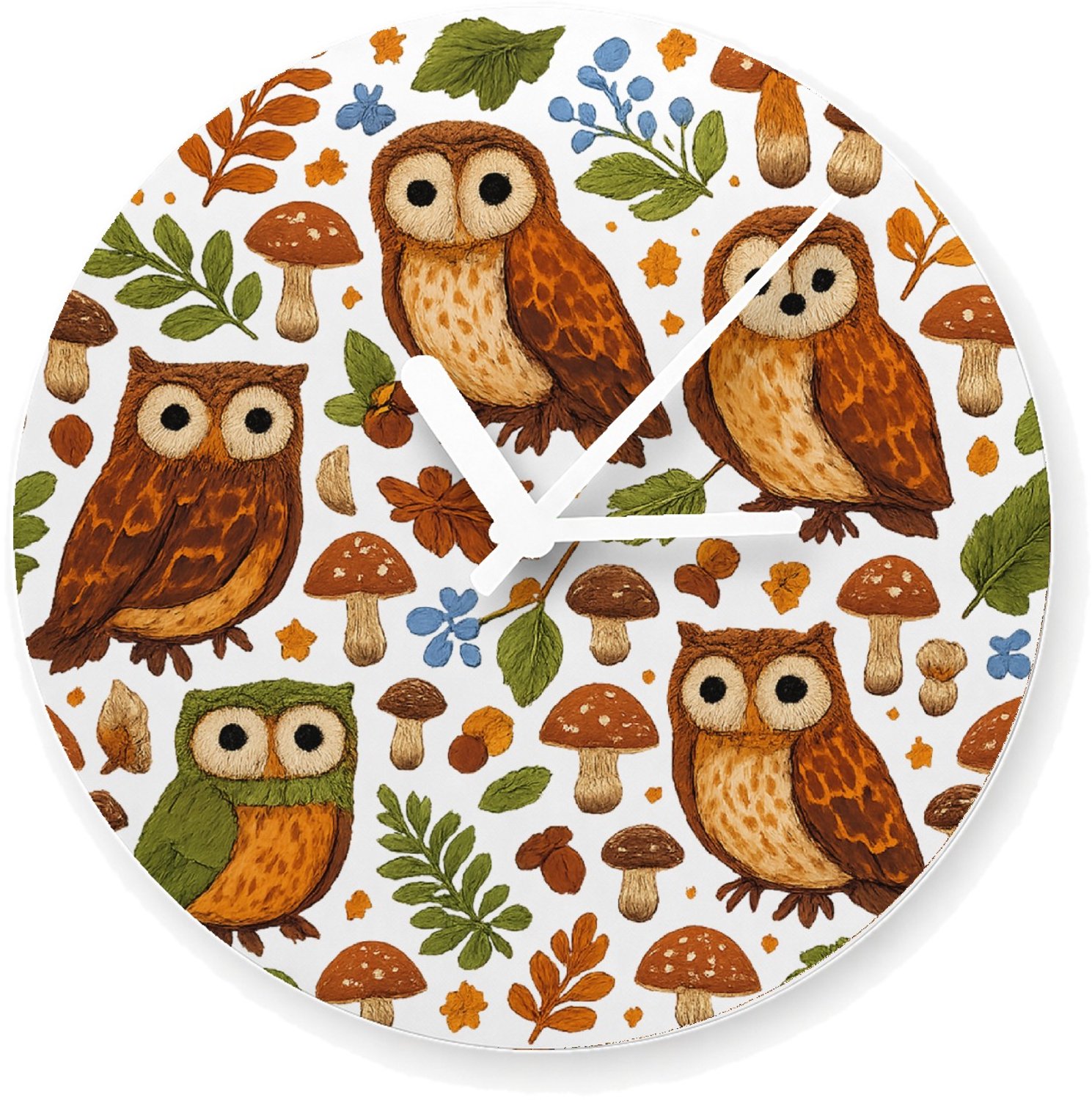 Mr Cadeautjes Glazen klok Ø 20 - design Een avondlijk bospatroon met uilen, paddenstoelen en bladere | cadeau Wit