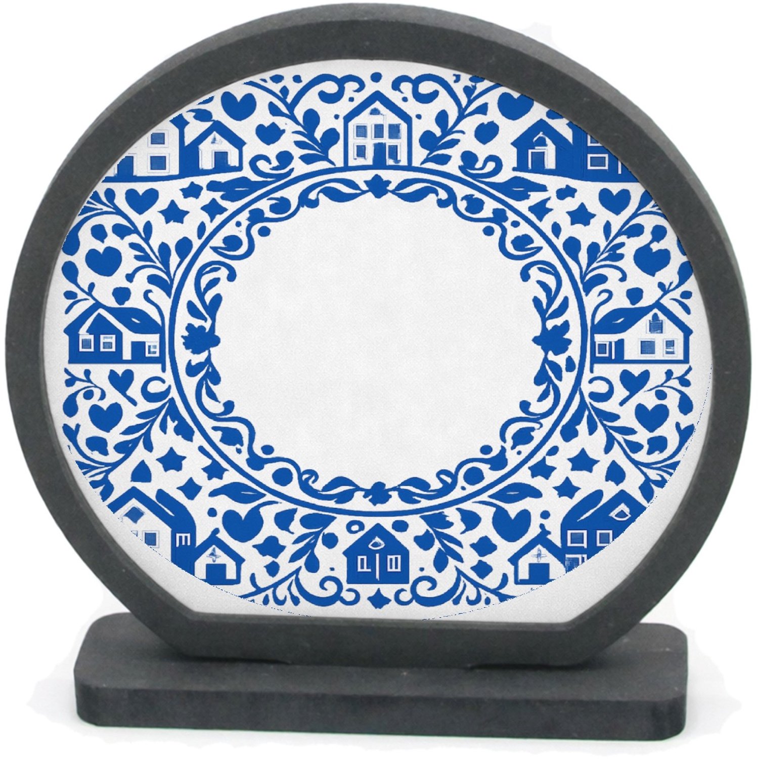 Mr Cadeautjes Houten fotolijst rond met MDF inleg - design Een klassieke blauw-witte rand met huiselijke symbolen en ee | cadeau