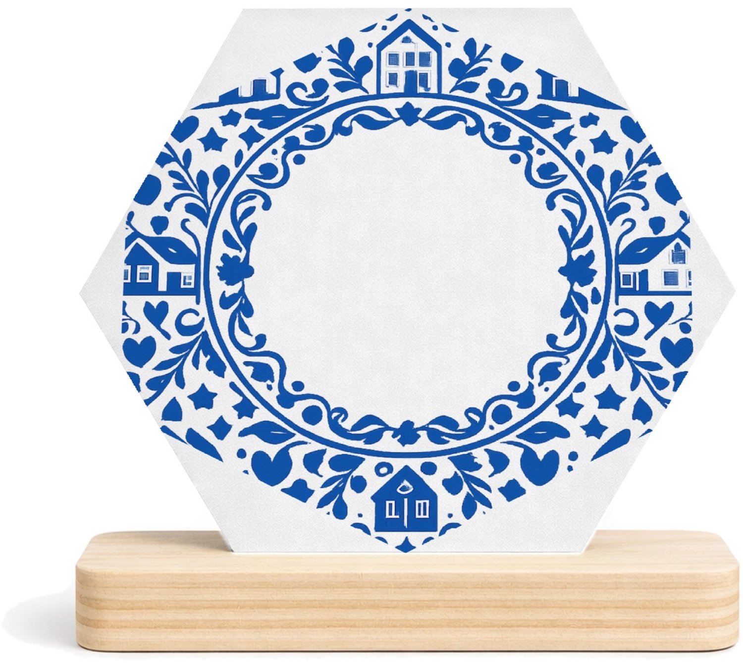 Mr Cadeautjes MDF fotolijst/inleg hexagon 14 x 13 - design Een klassieke blauw-witte rand met huiselijke symbolen en ee | cadeau