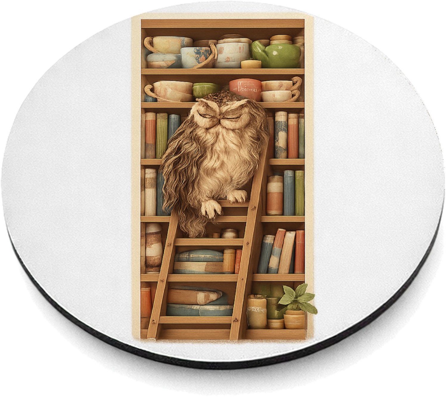 Mr Cadeautjes MDF magnetische fotolijst rond Ø 9,5 - design Een slaperige uil op een ladder naast een hoge plank met the | cadeau Wit