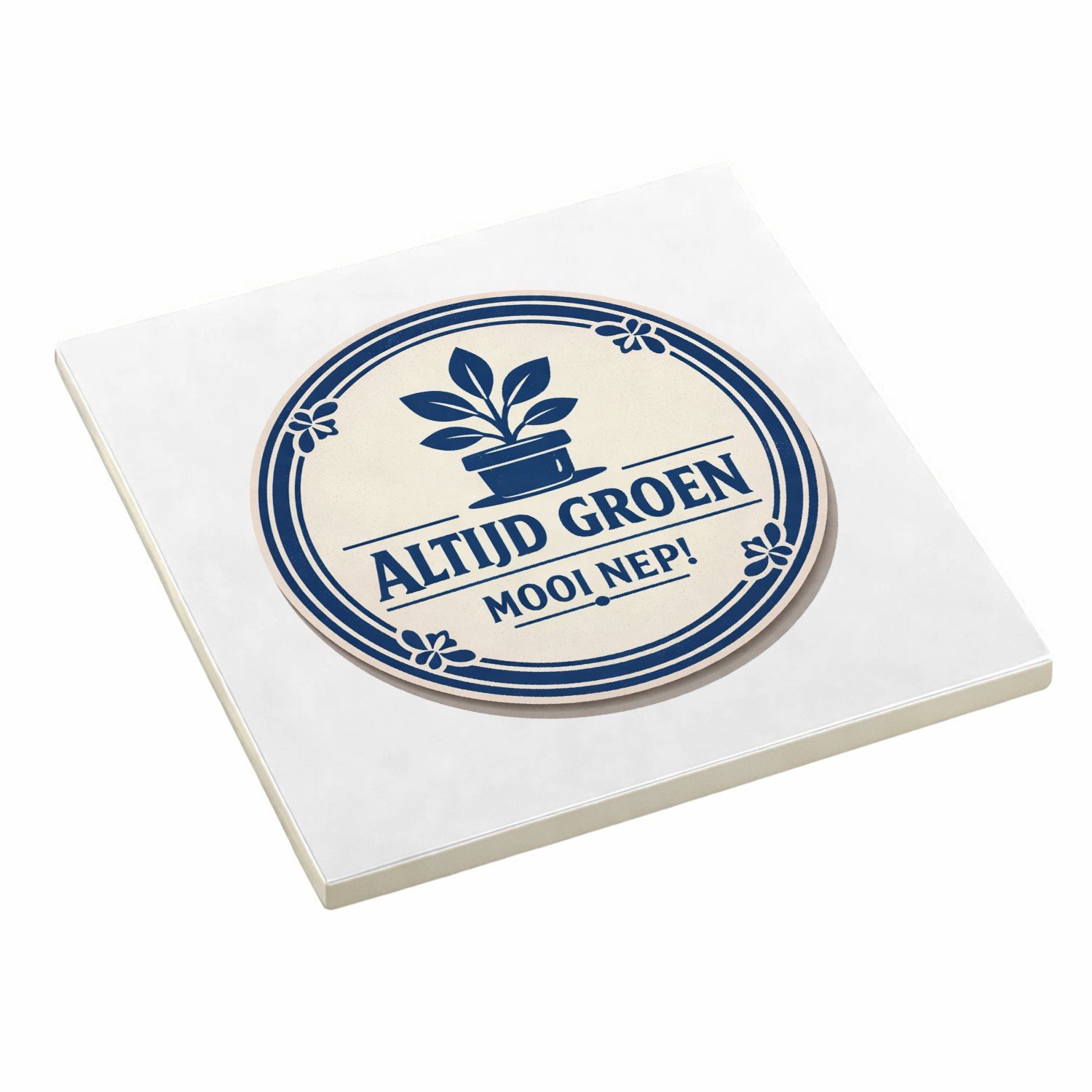 Mr Cadeautjes Decoratie tegel Een minimalistische retro-embleemopmaak met een ronde rand- 10,8 x 10,8 cm, keramiek - keuken, badkamer, woonkamer | cadeau Wit