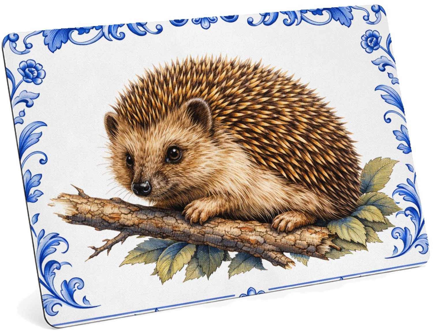 Mr Cadeautjes MDF magnetische fotolijst 28 x 19 - design Een realistische egel op een tak of tussen bladeren, omringd | cadeau Wit