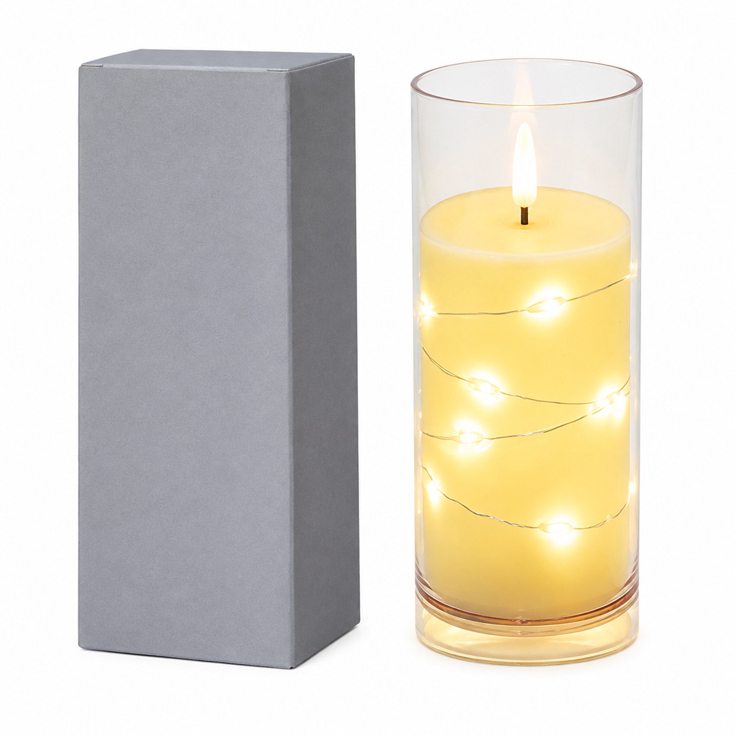 SWGOTA led kaarsen - 1 decoratieve kaars, 5,5 × 12,5 cm, met koperdraadlichtsnoer, inclusief 3 AG13-knoopcellen en doos Ivoor