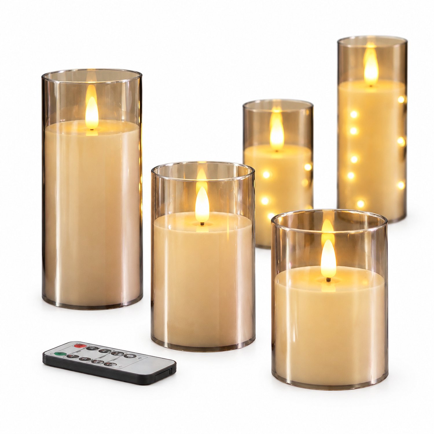 SWGOTA led kaarsen, set van 3, grijs, 7,8 x 10/12,5/15 cm, met vlamvormige top, op batterijen, zonder batterijen