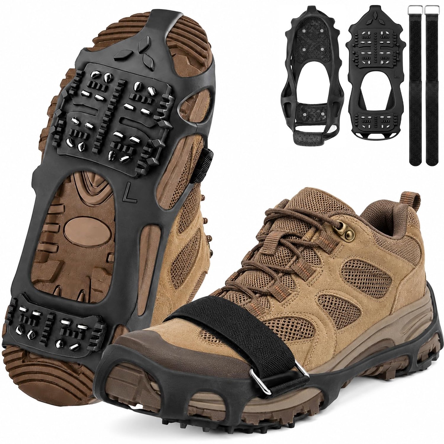 Famanu – Schoenspikes met 24 roestvrijstalen klauwen voor optimale grip op ijs en sneeuw verkrijgbaar in en L perfect voor wandelschoenen en winterlaarzen flexibel tot -40 °C Wit