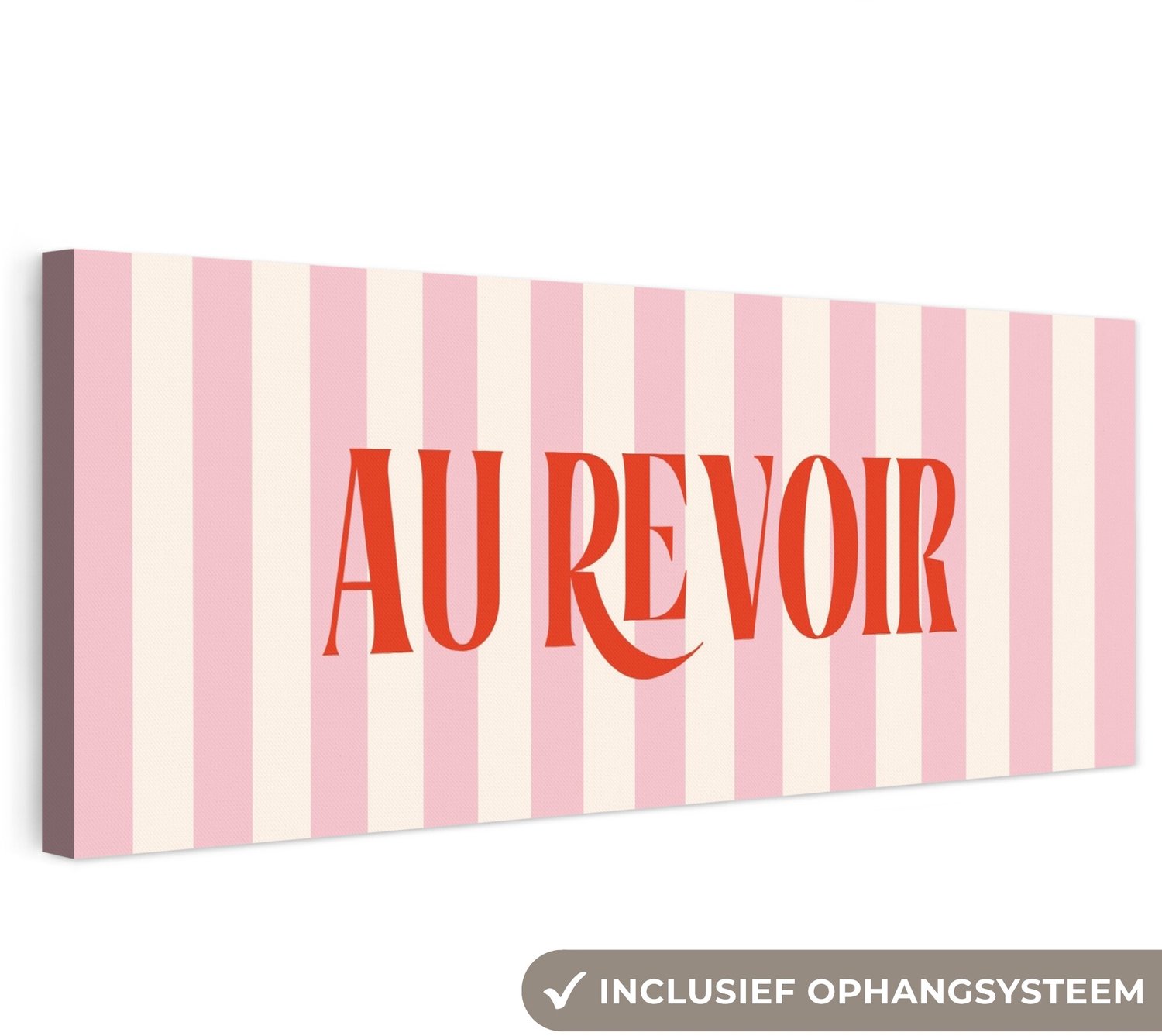 Canvas schilderij 90x30 cm - Exclusieve wanddecoratie Zachtroze - Rood - Strepen - Au Revoir - Muurdecoratie woonkamer - Slaapkamer decoratie - Kamer accessoires - Schilderijen op canvas