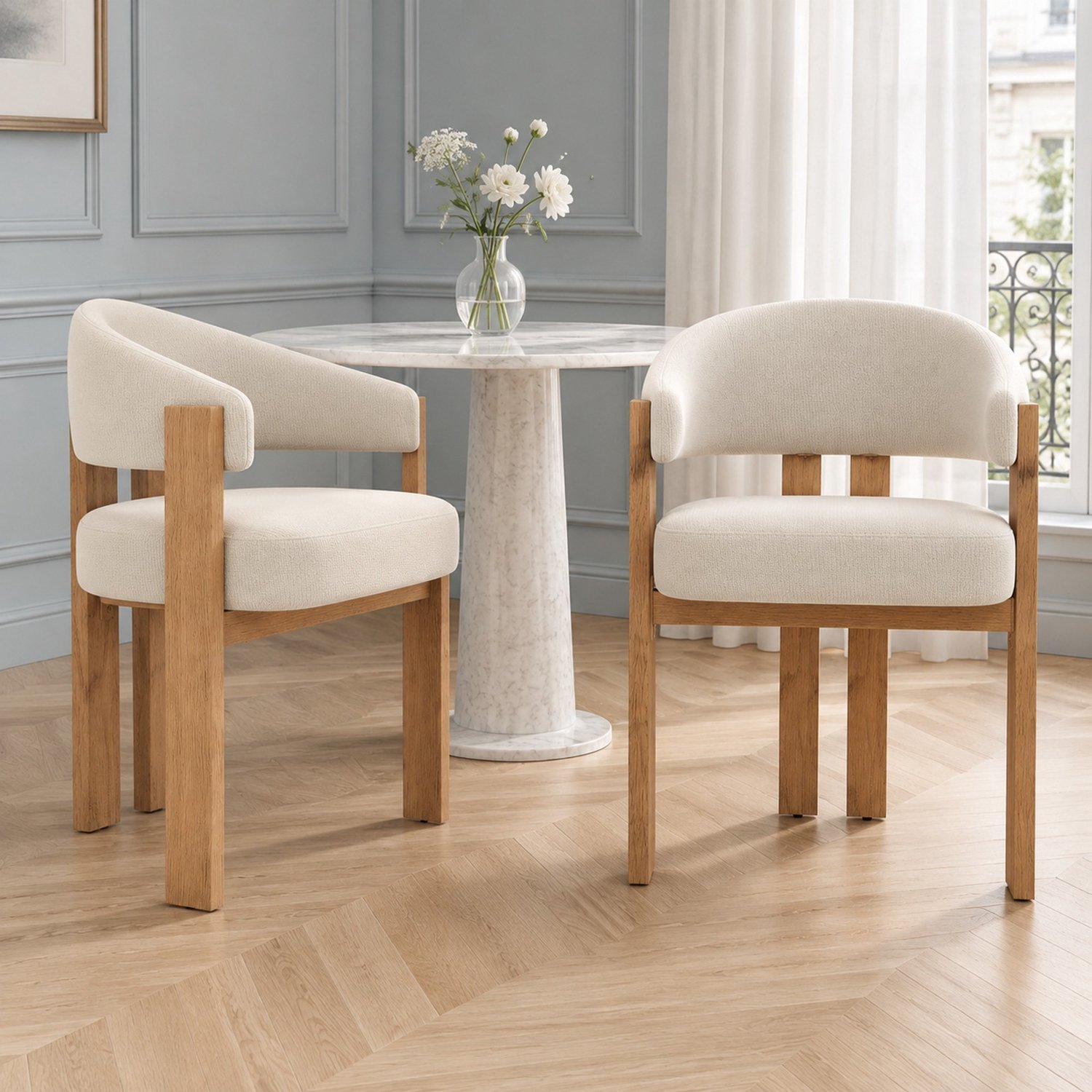 MODFU Eetkamerstoelen Set Van 2 - Gestoffeerde Zitting - Metalen Poten Met Houtlook - Beige