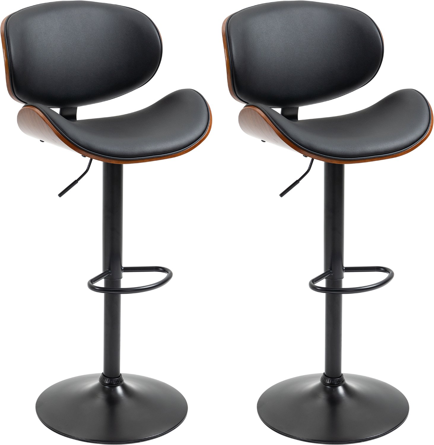 Lunpog Set van 2 barkrukken – keukenstoelen met rugleuning – synthetisch materiaal – in hoogte verstelbaar, draaibaar – met voetsteun – 53 x 52 x 92–112 cm – zwart Noir