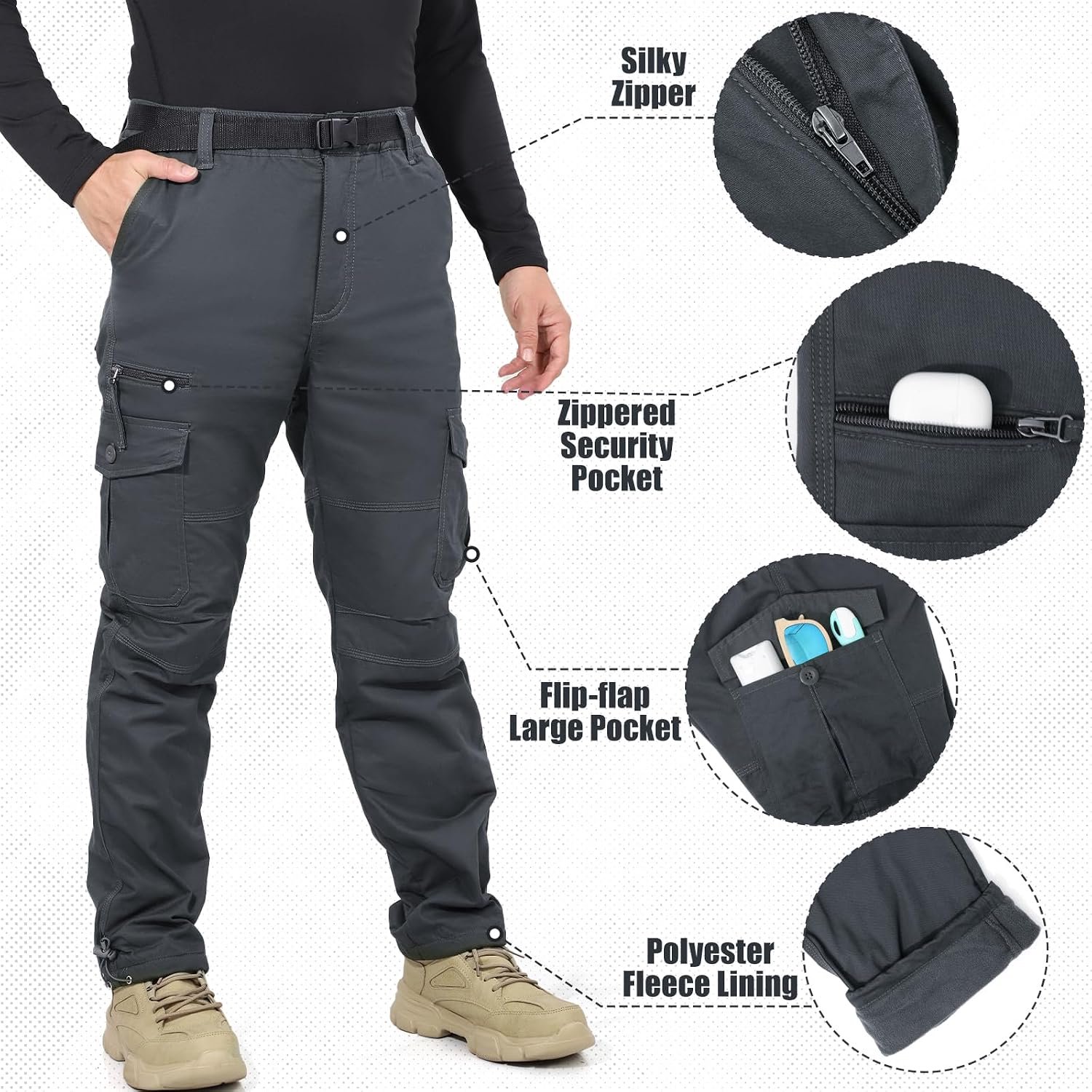 Cargobroek voor heren, met fleece gevoerd, volledige elastische tailleband met riemlussen, werkbroek, verstelbare enkelmanchetten voor wandelen, kamperen, outdoor, winter