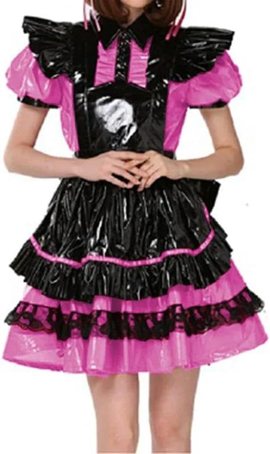 Afsluitbare Geplooide Maid Jurk Wetlook PVC A-lijn met Schort Grote Strik voor Halloween Party Cosplay
