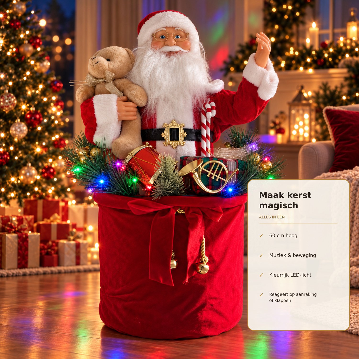 EasyMart Kerstman Decoratie 60 cm - Kerstdecoratie - Dansende Kerstman Pop met Muziek en LED-Verlichting - Op Batterijen - Kerstversiering voor Binnen – foto 5